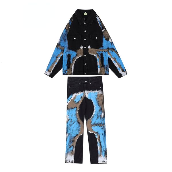 

men's tracksuits tie-dyed painted denim sets mens high street multi-pocket lapel jean jacket casual straight-leg trousers men two-piece, Gray
