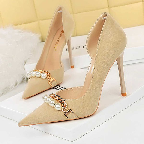 

shoes luxury woman pumps pearl metal chain high-heels suede women shoes stiletto fashion wedding shoes for lady heels 230307, Black