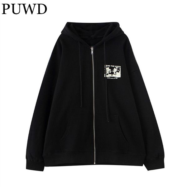 

men's hoodies sweatshirts puwd sweet girls print black oversize autumn fashion ladies loose streetwear hooded cardigan casual women chi
