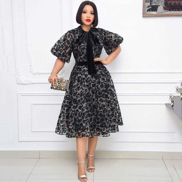 

casual dresses 2023 summer new style stand collar black flocked dense mesh waist lace stitching fashionable slim dress t230303, Black;gray