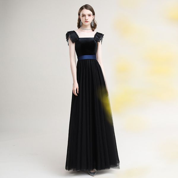 

black tulle evening dresses square collar a-line backless lace up homecoming ruffle party guests prom gowns woman floor length, Black;red