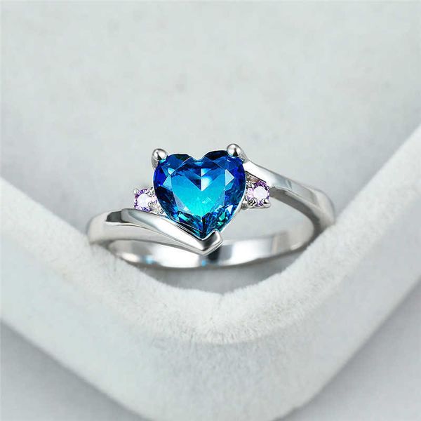 

band rings luxury female crystal blue stone ring classic silver color thin wedding rings for women charm zircon love heart engagement ring a