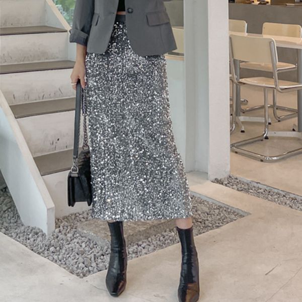 

skirts korean fashion sequin design long for women all season ladies casual streetwear match midi skirt drop 230307, Black
