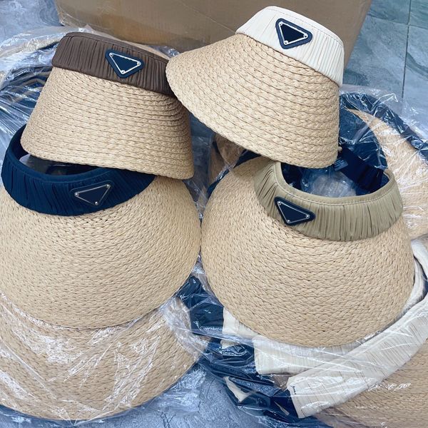 

women's summer holiday designer visors casual straw woven metal triangle letter printing cap, Blue;gray