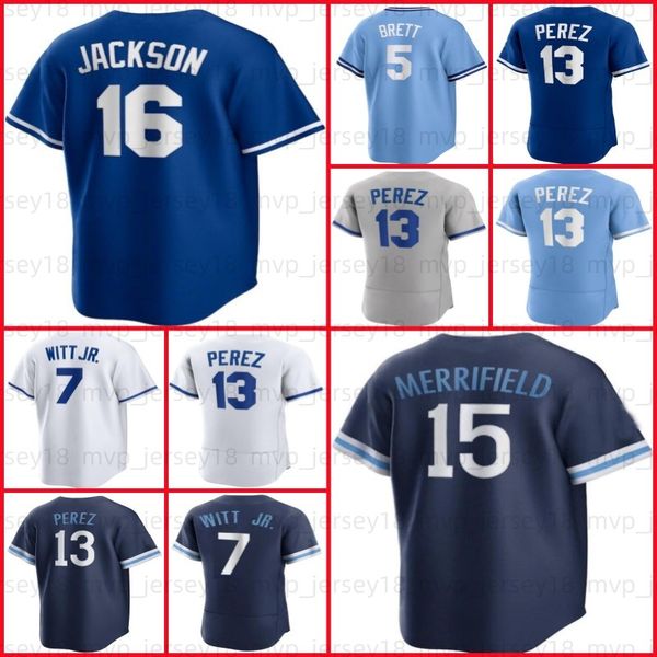 

7 bobby witt jr. baseball jersey 16 bo jackson 5 george brett 13 salvador perez city brady singer 2 michael a. taylor 17 hunter dozier zack, Blue;black