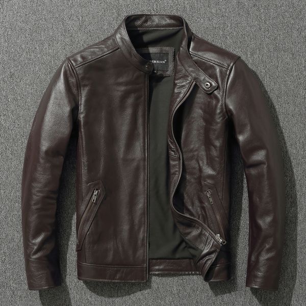 

men's leather faux leather layer cowhide jacket fashion slimfit stand collar leisure bomber jacket 100% genuine leather men's vint, Black