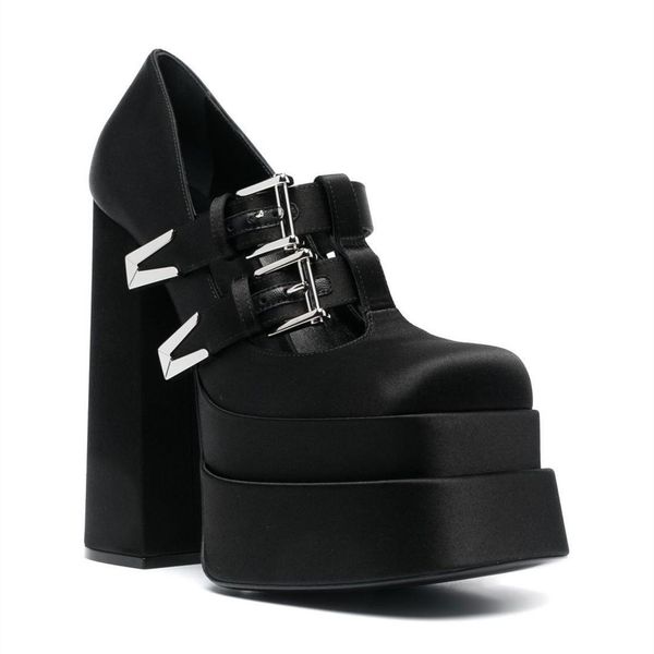 

2023 thick soled sandals women's european and american designer brand fashion belt buckle thick high heel sandals, Black