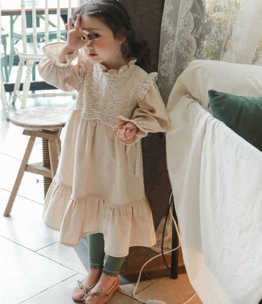 

girl's dresses 2023 baby girls dress linen lace korean style lace floral embroidery princess dresses children long-sleeve lace sweet dr, Red;yellow