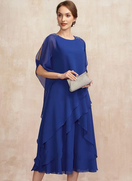 

elegant mother of the bride dresses royal blue scoop tea-length chiffon beading ruffles party gowns vestidos para madre de novia 2023, Black;red