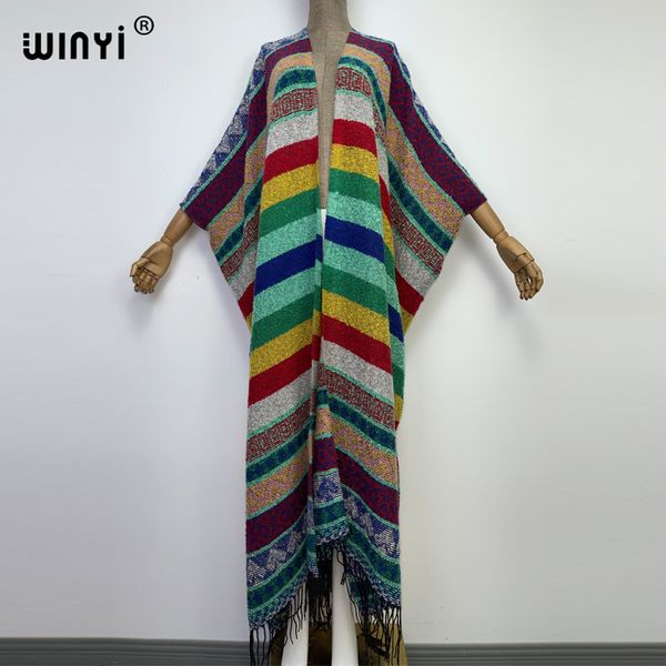 

women's wool blends winyi winter women tassel cardigan coat loose christmas dress robe longue thick warm assorted stripe colors overcoa, Black