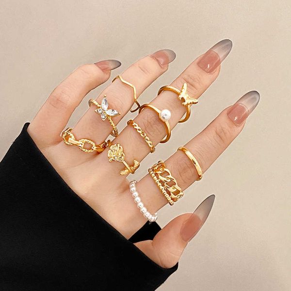 

band rings 10pcs/set european and american retro rings pearl bow flower ring ladies fashion temperament daily all-match jewelry aa230306, Silver