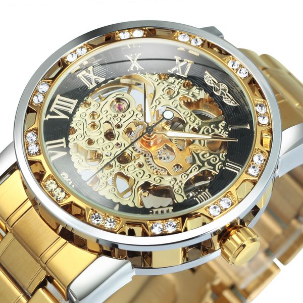 

wristwatches winner transparent skeleton mechanical watch for men fashion diamond luminous mens watches brand luxury steel strap 230307, Slivery;brown