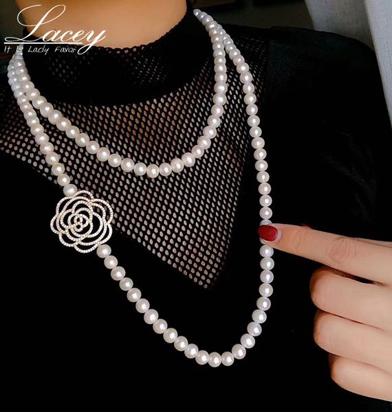 

pendant necklaces freshwater pearl wedding for women white real jewelry long sweater flower gift 230307, Silver