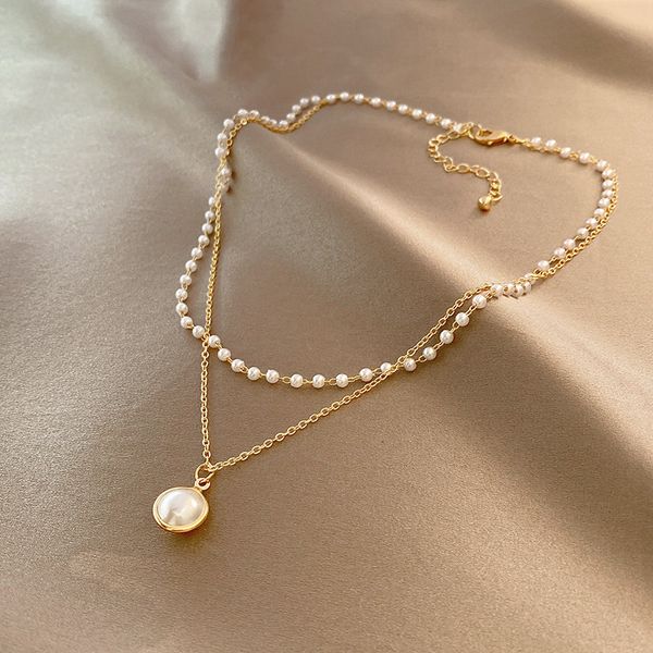 

ashion retro female necklace ins simple temperament double-layer clavicle chain female pendant pearl girl gift, Silver