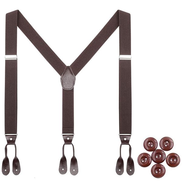 

suspenders men's fashion button end leather yback heavy duty big size adjustable elastic trouser braces strap belt brown color 230307, Black;white