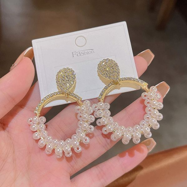 

fashion luxury design chandelier baroque geometric round circle drop earring handmade pearls shiny diamond dangle earrings party jewelry unu, Silver