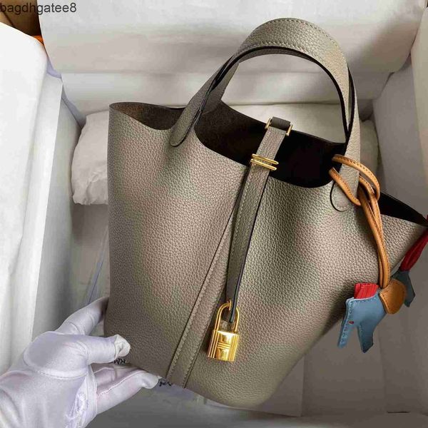 

locks real line bags bag hermas 2023 totes leather wax picotin basket designer cow leather bucket lychee elephant gray handbag female nkra w