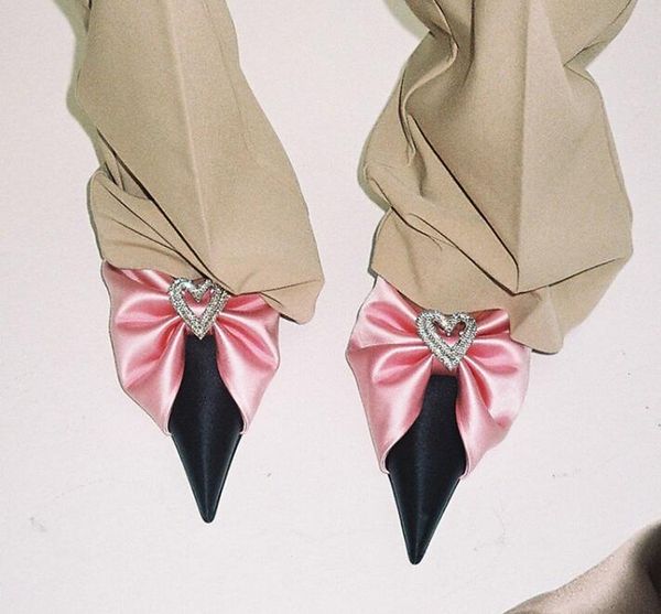 

ins style satin butterfly pleated crystal women pumps ankle strap pointed toe high heels mules shoe, Black