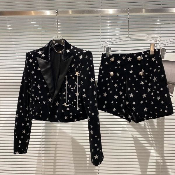 

women s two piece pants prepomp 2023 spring long sleeve pin chain slim velvet blazer casual shorts set women outfits gd841 230307, White
