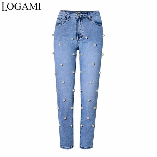 

women's jeans logami high waist jeans with pearls woman spring summer women denim pants ladies jeans 230306, Blue
