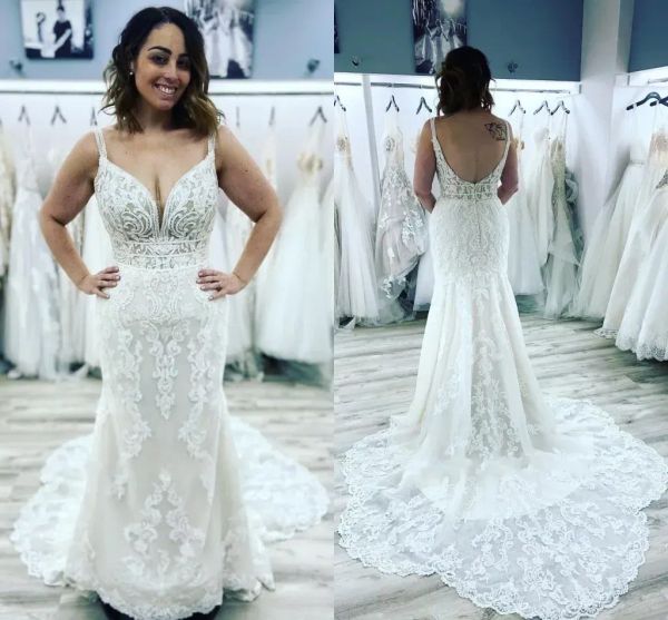 

2023 mermaid wedding dresses bridal gown lace applique sweep train spaghetti straps custom made vestidos de novia plus size beach garden, White