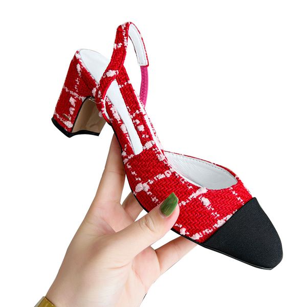 

classic womens chunky heels sandals tweed retro round toes sheepskin dress shoe designer slipper red slip on wedding shoe for a gift luxury, Black