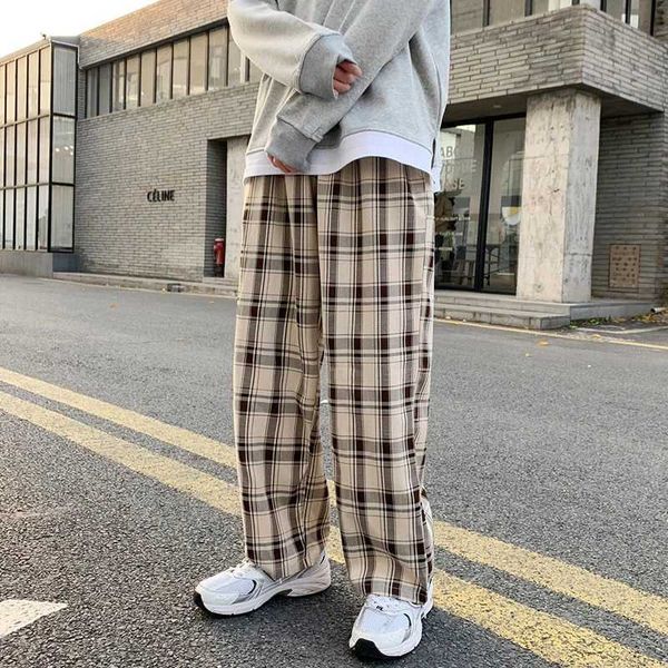 

men's pants 2022 plaid pants men linens korean checked trousers male streetwear fashion bottoms summer wide leg pants harajuku breathab, Black