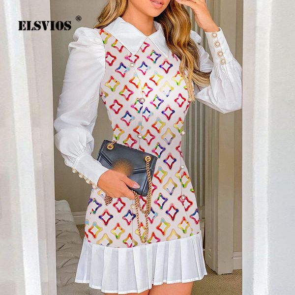 

casual dresses turn-down collar slim pleated dress women autumn elegant buttons stitching fake two-piece dress vintage print party mini dres, Black;gray