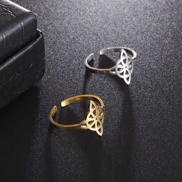 

band rings witch knot stainless steel ring for women openwork four-leaf small round open ring witchcraft amulet jewelry birthday gift aa2303, Silver