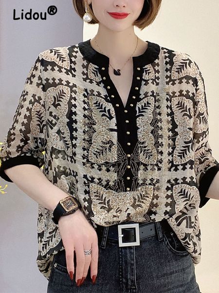 

women's t-shirt elegant fashion rivet casual printing diamonds pullovers summer short sleeve loose temperament shirt t-shirt 230306, White