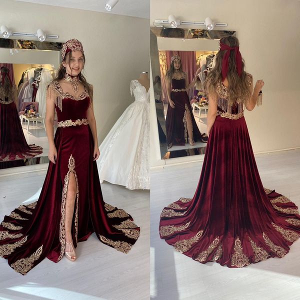

luxe karakou algerien evening dress with detachable train burgundy velvet cafan mermaid prom gown slit lace 2 in 1 turkey party formal dubai, Black;red