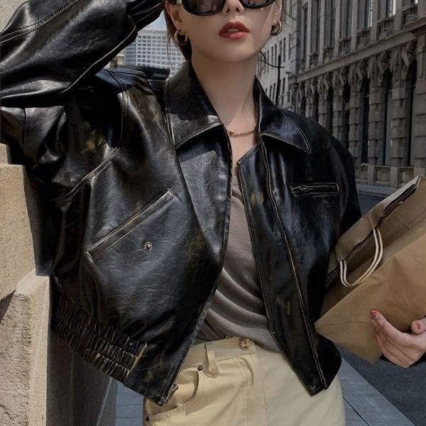 

women's jackets leather short coat women autumn womens high class street chic american vintage pu jacket ladies fashion loose outerwear, Black;brown