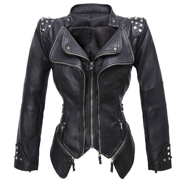 

women's jackets fashion faux leather smooth motorcycle rivet detail ladies long sleeve autumn winter biker streetwear black pink 230307, Black;brown