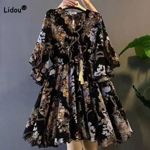 

plus size dresses size spring summer women s clothing beach printing flare half sleeve fashion v neck floral chiffon loose midi 6xl 230307, Black