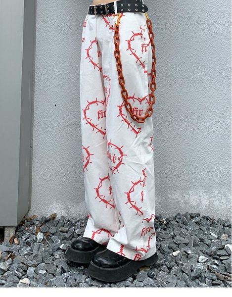 

women's pants s large y2k love print fashion high street wide leg pants loose casual drape straight for men and women 230306, Black;white