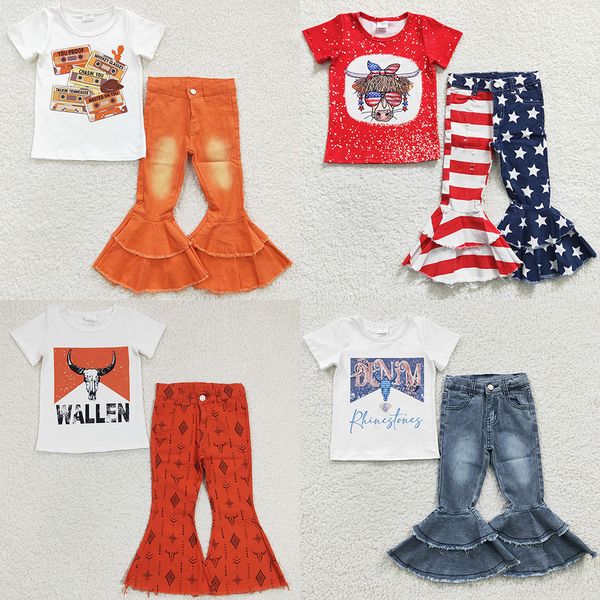 

new fashion kids designer clothes girls jeans sets boutique baby girl clothing short sleeve denim bell bottom outfits wholesale bulk, White