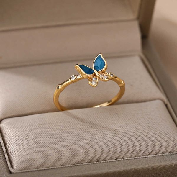 

band rings vintage blue butterfly rings for women crystal shiny zirconia blue enamel finger ring femme boho femme jewelry accessories gift a, Silver