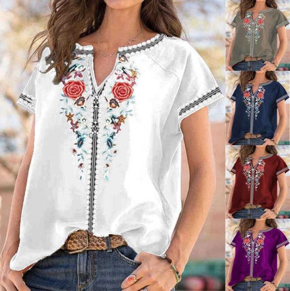 

women's t-shirt fashion woman blouses 2022 summer ethnic style printed short-sleeved crop female clothes for women, White