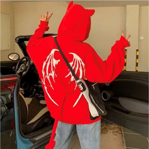 

men's hoodies sweatshirts gothic y2k devil design letter print hooded cardigan hoodie women streetwear loose casual couple man clothe 2, Black