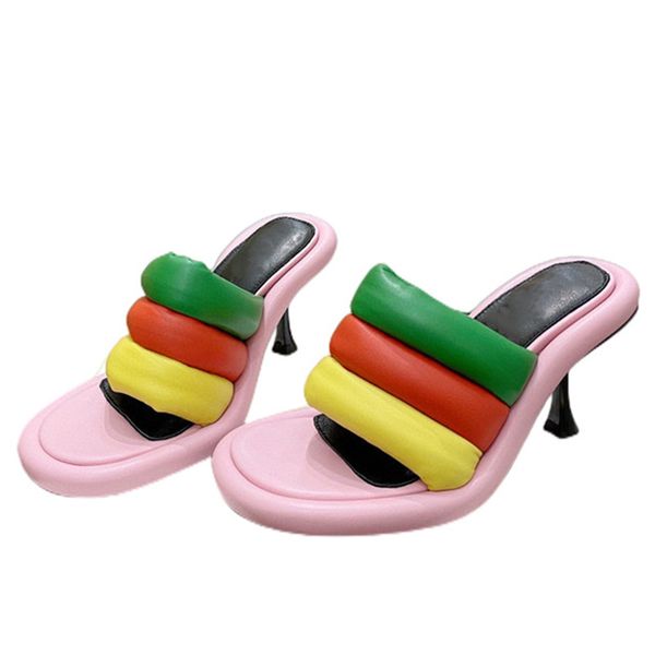

womens summer fashion slipper high heeled mule sandal slide elegant open round toe comfy thick sole genuine leather, Black