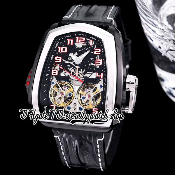 

bzf twin turbo mens watch jcfm05 twin tourbillon automatic dlc steel case skeleton dial number markers black leather white line strap super, Slivery;brown