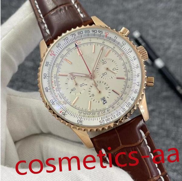 

8 color luxury watch chronograph quartz movement 46mm yellow gold case limited silver dial 50th anniversary men watchs leather strap mens wr, Slivery;brown
