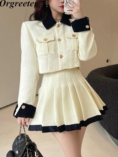 

two piece dress tweed ensemble femme vintage collision color crop blazer skirts suit female long sleeved jacket pleated skirt conjuntos de, White