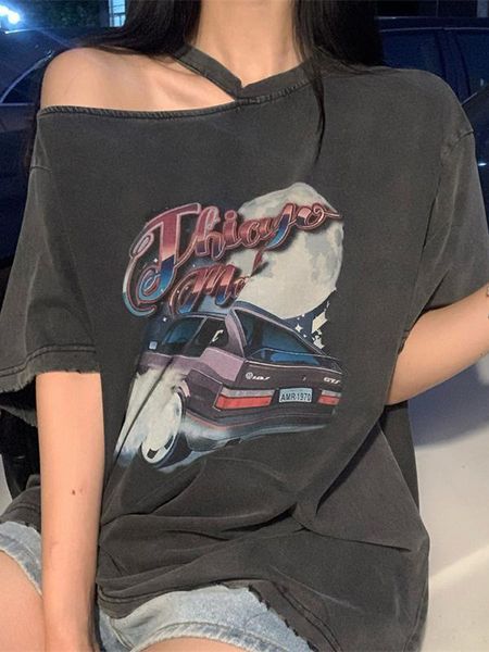 

women s t shirt houzhou vintage short sleeve tshirt oversized harajuku y2k streetwear tees hip hop off shoulder female grunge t shirt 230307, White