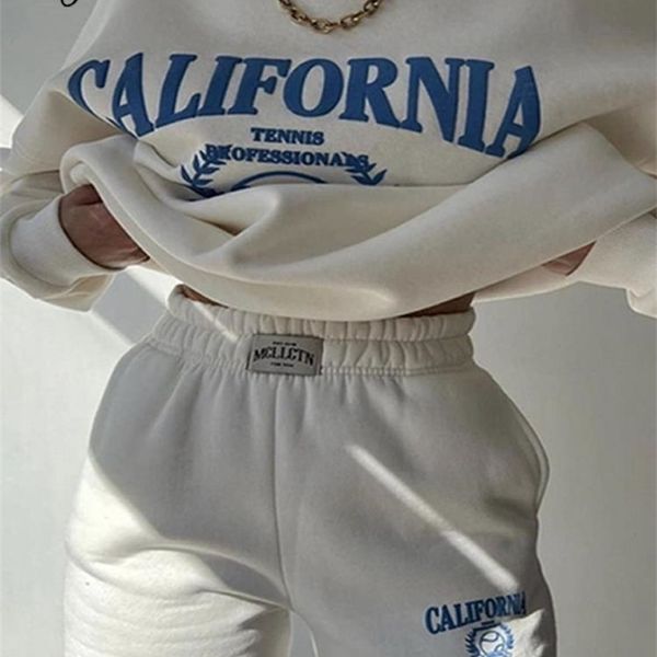 

women's two piece pants letter printed warm women's suit o-neck long sleeve pullover and elastic high waist pants tracksuit set wo, White
