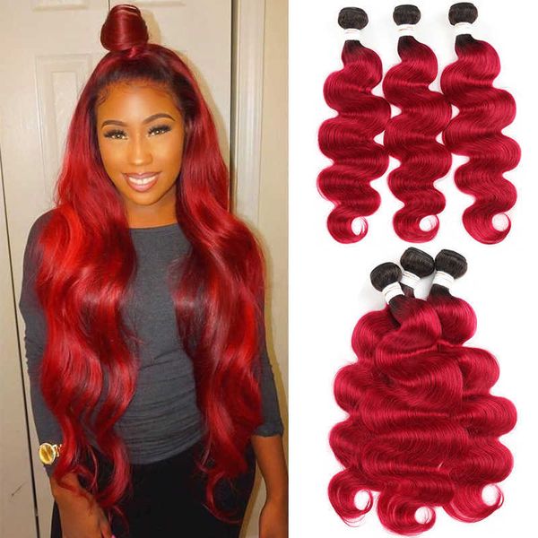 

wig caps 1b 99jburgundy human hair bundle ombre red brazilian body wave human hair weave bundles remy hair can buy 134 bundles j230306, Black;brown