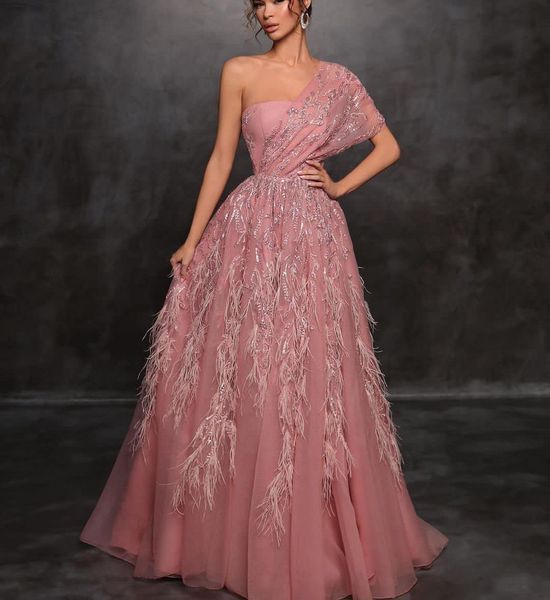 

a-line prom dresses sleeveless bateau neck one shoulder appliques sequins beaded floor length celebrity feather evening dress bridal gowns p, Black