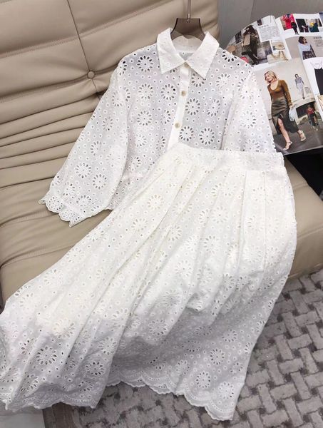 

two piece dress 2023 summer cotton english embroidered lace 230307, White