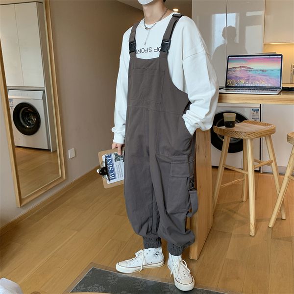 

men's pants suspenders jumpsuit pants men summer overalls japanese loose straps casual pockets oversize streetwear solid man clothing 2, Black