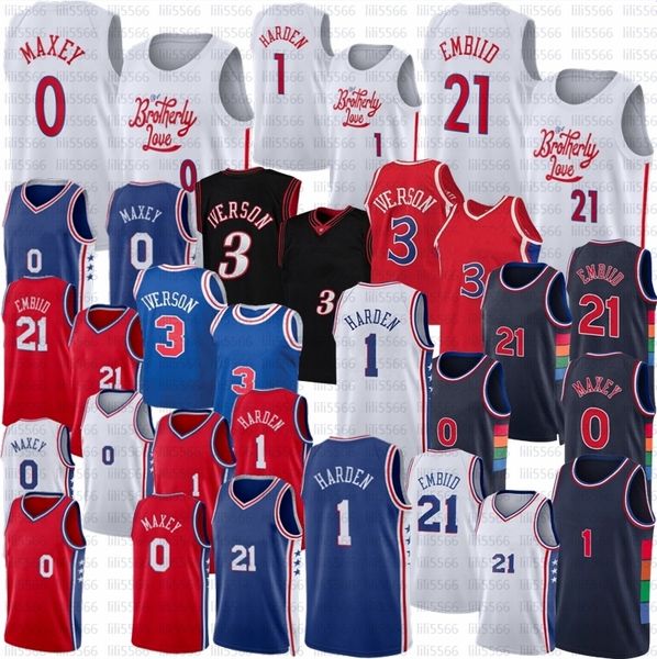 

james harden tyrese maxey joel embiid basketball allen iverson sixer jersey 2023 new city white edition retro shirt blue, Black;red